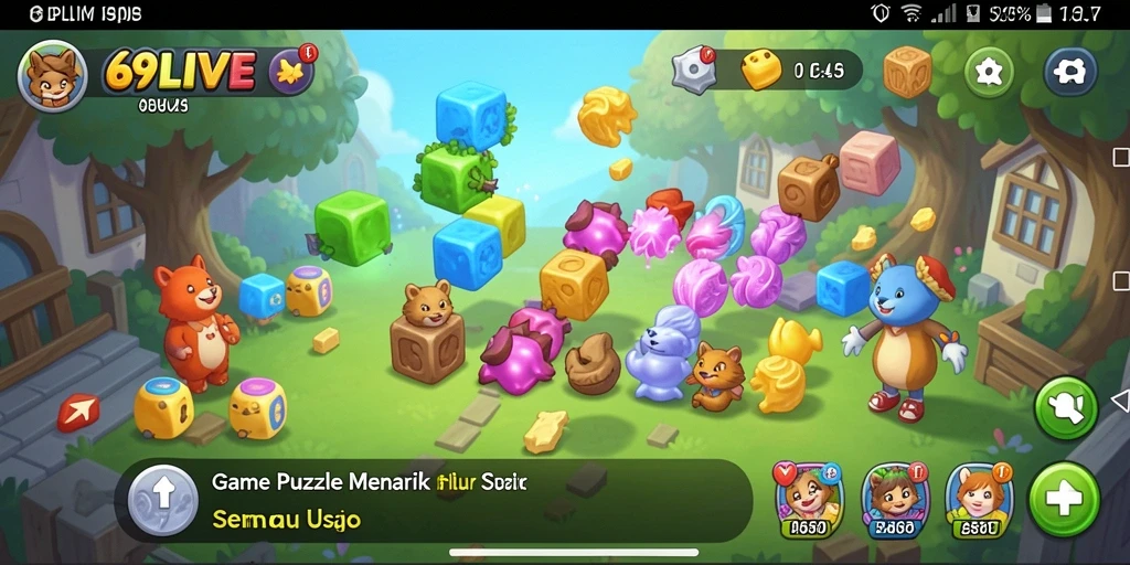 Screenshot gameplay 69LIVE menampilkan potongan puzzle berwarna-warni yang menarik.