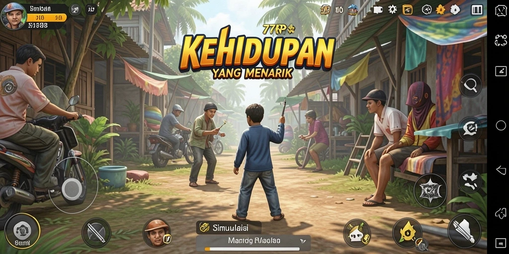 Screenshot utama gameplay 77RP yang menampilkan berbagai aktivitas simulasi.