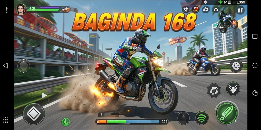 Screenshot utama BAGINDA168 menampilkan aksi balapan motor yang mendebarkan.