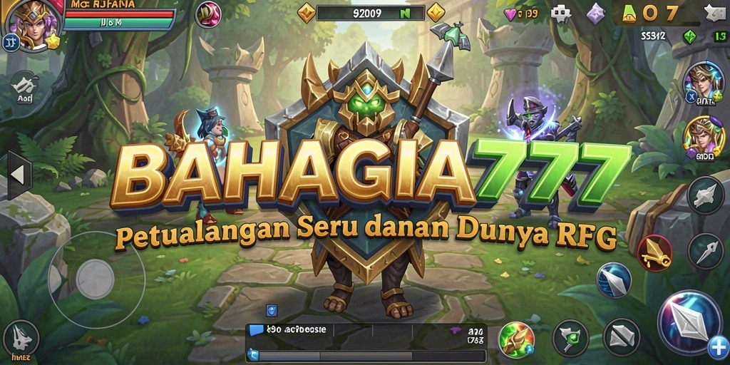 Tangkapan layar utama BAHAGIA777 menampilkan pertarungan epik di dunia fantasi.