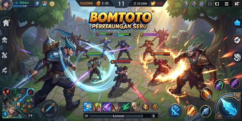 Screenshot gameplay BOMTOTO yang menunjukkan aksi seru dalam pertempuran MOBA.