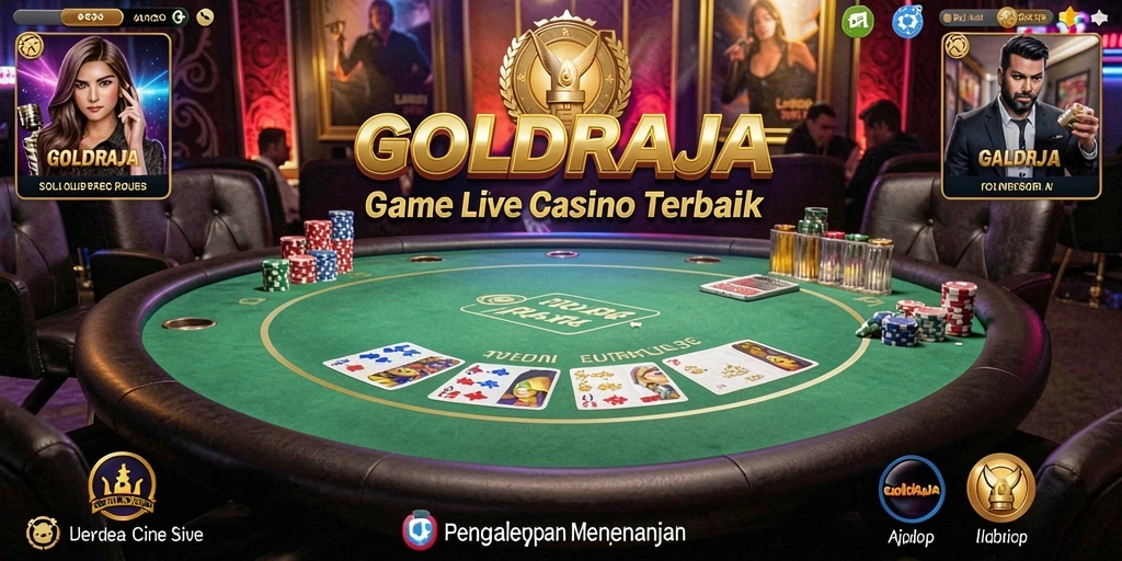 Screenshot gameplay GOLDRAJA menampilkan dealer langsung dan suasana kasino yang menegangkan.