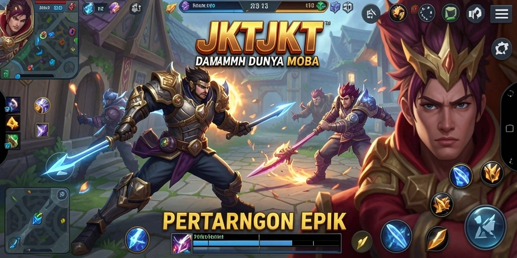 Screenshot utama JKTJKT menunjukkan pertarungan epik antara hero dalam arena MOBA.