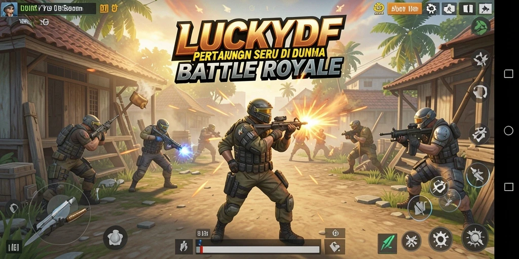 Tangkapan layar gameplay LUCKYDF dengan aksi pertempuran Battle Royale.
