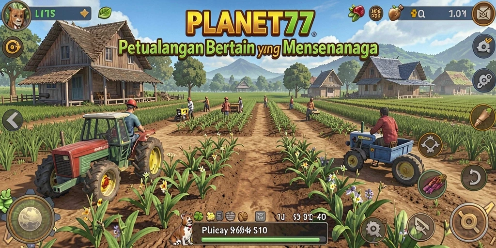 Tampilan gameplay menarik dari PLANET77 saat bertani di ladang hijau.