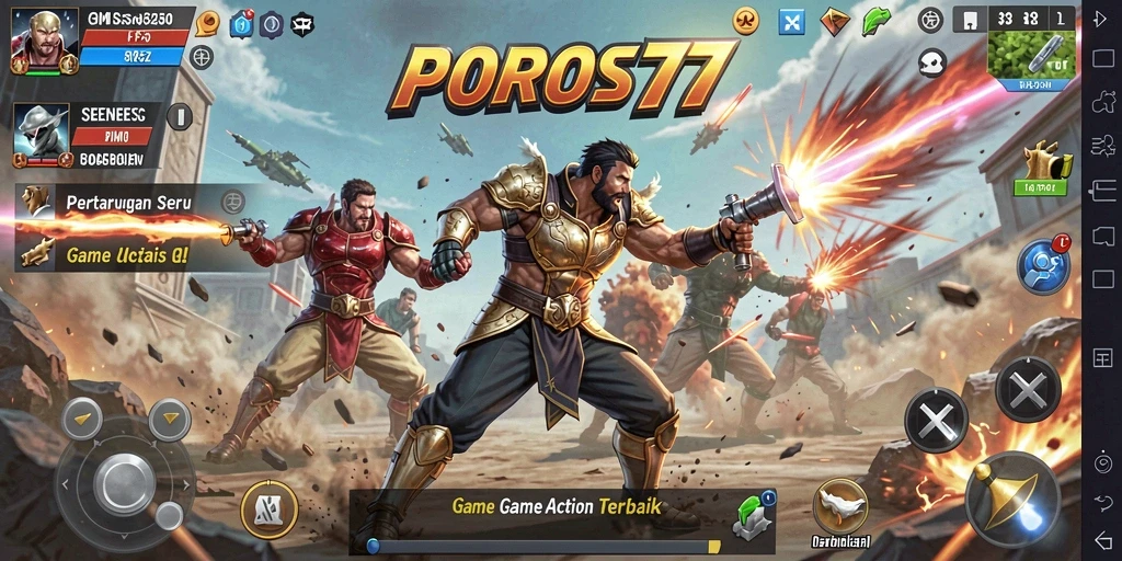 Screenshot gameplay POROS77 menampilkan pertarungan yang intens dan dinamis.